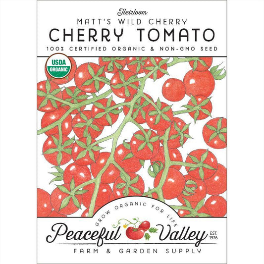 Organic Matt's Wild Cherry Cherry Tomato Seeds from Grow Organic, packaged vegetable seeds for home gardening.