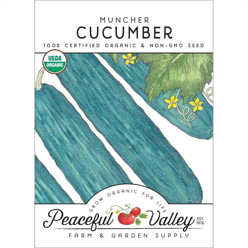 Organic Muncher cucumber seeds from Grow Organic, vegetable seed packet with fresh cucumber seed illustration.