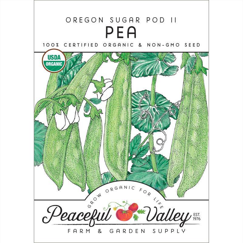 Organic Oregon Sugar Pod Pea Seeds from Grow Organic, vegetable seed pack with vibrant seed images and branding.
