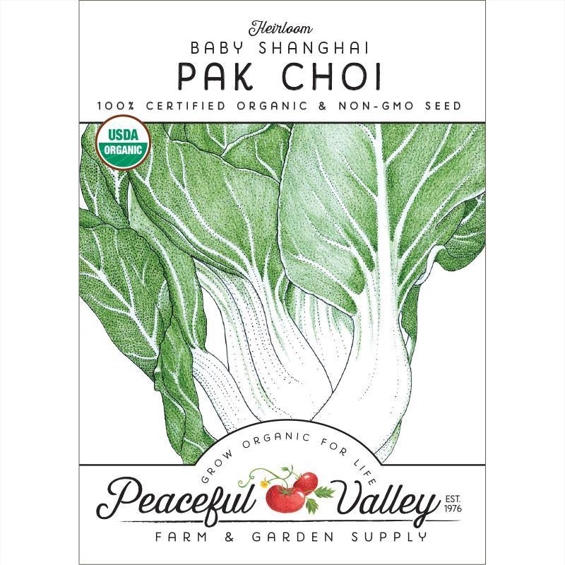 Organic Pak Choi Baby Shanghai Greens vegetable seeds by Grow Organic, shown in a pack with green seeds and label.