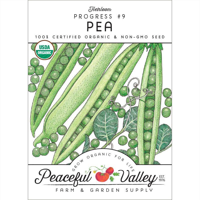 Organic Progress #9 Pea Seeds from Grow Organic in a seed packet, ideal for vegetable gardening and home-grown pea plants.