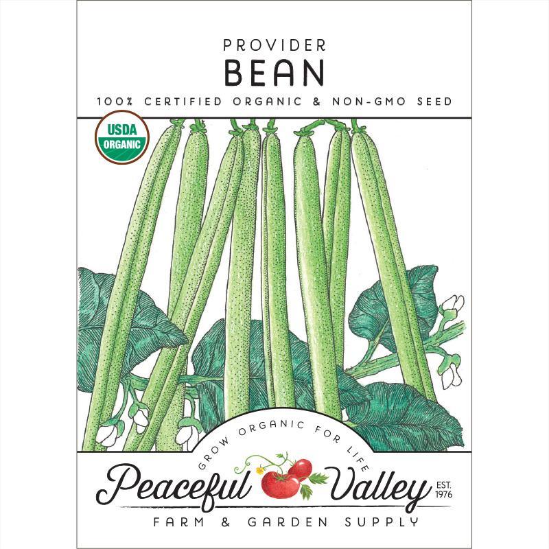 Organic Grow Organic Provider Bush Bean Seeds in a packet, vegetable seeds for home gardening.