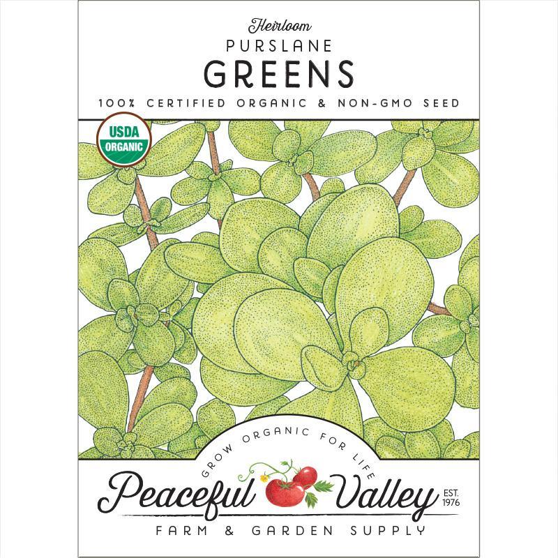 Organic Purslane Greens Seeds by Grow Organic, vegetable seeds pack showing fresh green purslane seedlings.