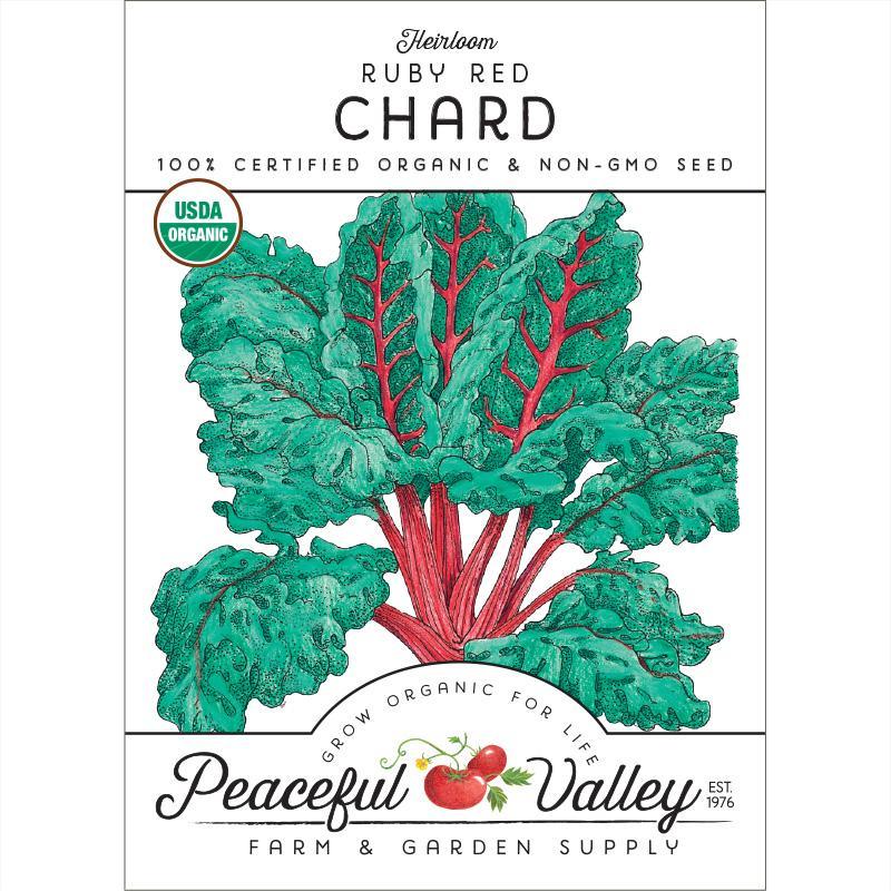 Organic red ruby chard seeds in a Grow Organic vegetable seed pack, ready for planting in vegetable gardens.
