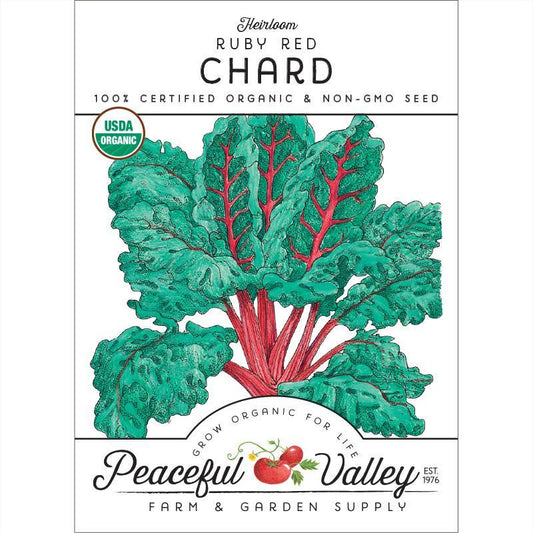 Organic red ruby chard seeds in a Grow Organic vegetable seed pack, ready for planting in vegetable gardens.