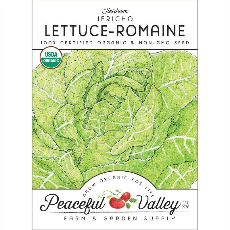 Organic Jericho Lettuce seeds from Grow Organic, packaged vegetable seeds for growing fresh romaine lettuce.