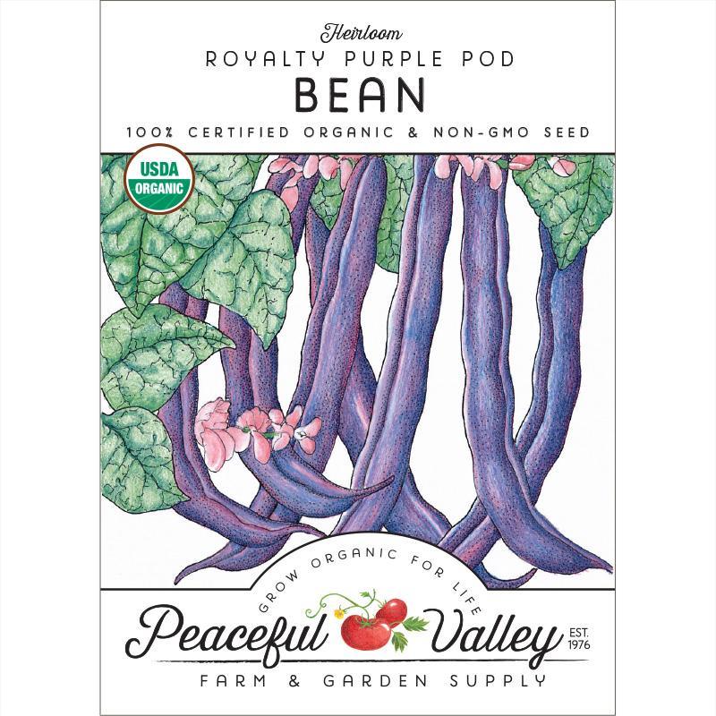 Organic Royalty Purple Pod Bush Bean Seeds from Grow Organic, showing a pack of vegetable seeds for planting.