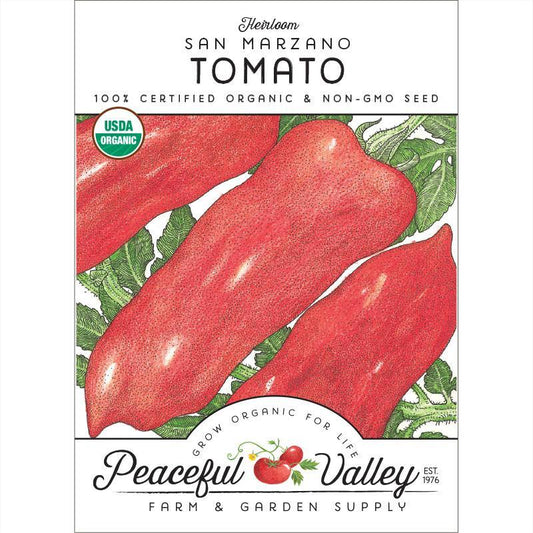 Organic San Marzano tomato seeds from Grow Organic in a seed packet, ideal for growing flavorful vegetable plants.