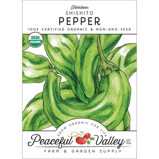 Organic Shishito pepper seeds in a Grow Organic vegetable seed packet, ready for planting in your garden.