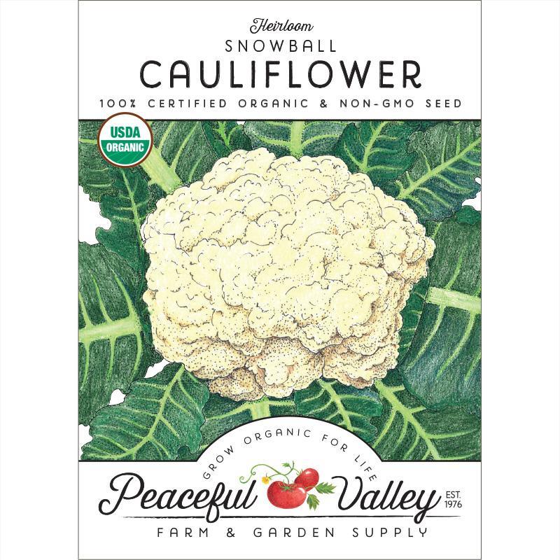 Organic Snowball Cauliflower seeds pack showing the Grow Organic vegetable seed packet for growing snowball cauliflower.
