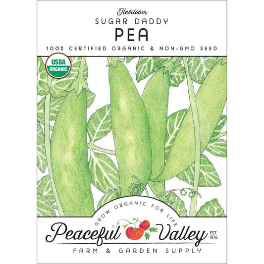 Organic Sugar Daddy pea seeds from Grow Organic, vegetable seed pack showing fresh pea seed packets for planting.