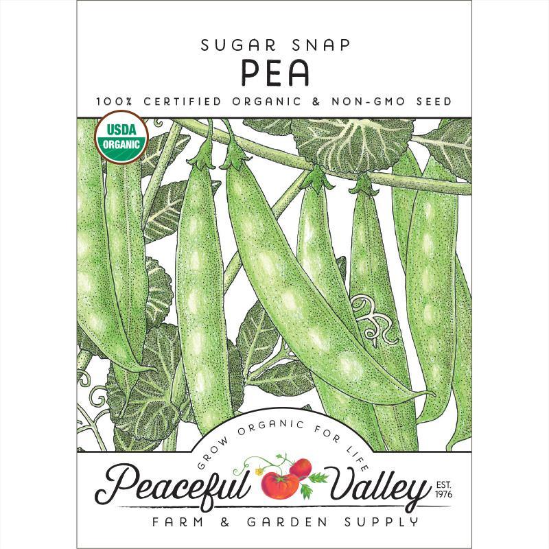Organic Sugar Snap Pea Seeds from Grow Organic, vegetable seeds pack showing vibrant pea seed images and packaging.