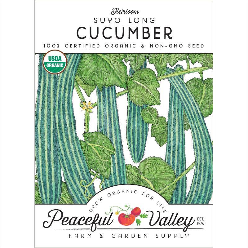 Organic Suyo Long Cucumber seeds in a Grow Organic vegetable seed pack, ready for planting.