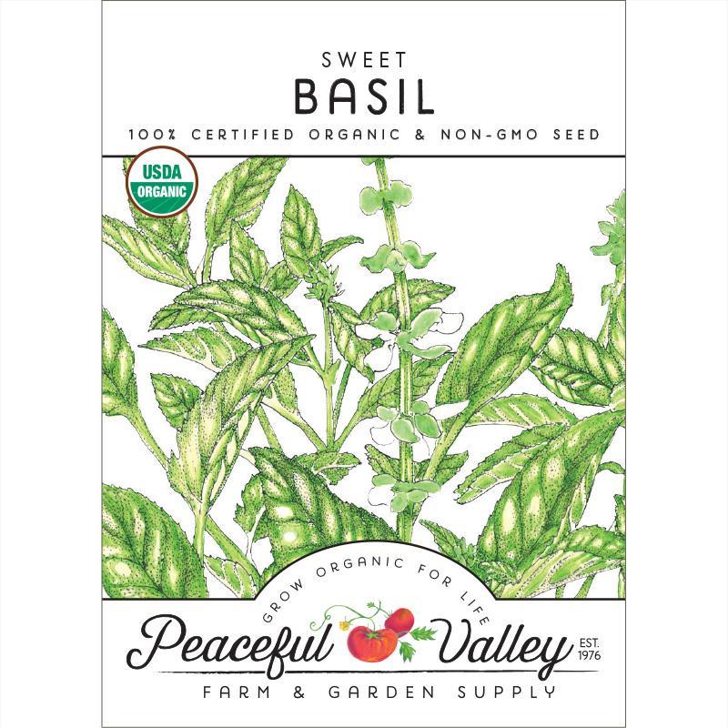 Organic sweet basil vegetable seeds from Grow Organic in a resealable pack, ready for planting in herb gardens.