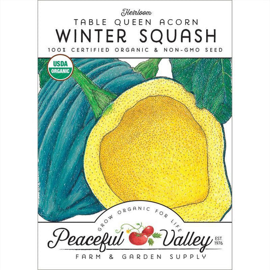 Organic Table Queen Acorn Winter Squash Seeds by Grow Organic, showing a packet of vegetable seeds for planting.
