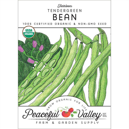 Organic Tendergreen Bush Bean Seeds from Grow Organic, packaged vegetable seeds for home gardening.