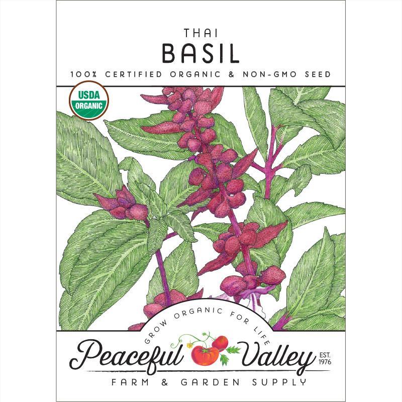 Organic Thai Basil seeds from Grow Organic, showcasing a packet of vegetable seeds for planting Thai basil at home.