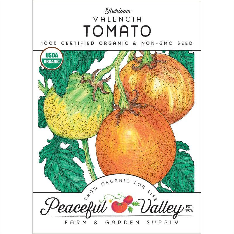 Organic Valencia Tomato Seeds from Grow Organic, showing a packet of vegetable seeds with vibrant tomato illustrations.