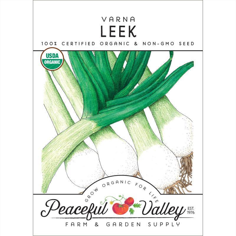 Organic Varna leek seeds from Grow Organic, vegetable seeds package showing fresh leek seedlings and seed packet.
