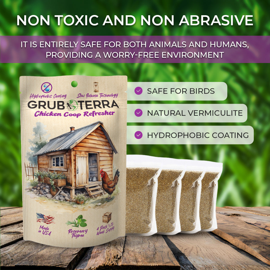 GrubTerra Coop Refresher chicken bedding with mint scent, natural bedding material for poultry coops, by GrubTerra.