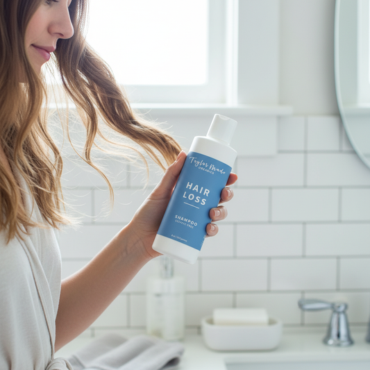 Close-up of Taylor Made Organics sulfate-free hair loss shampoo bottle, showcasing the 8oz size and natural hair care formulation.