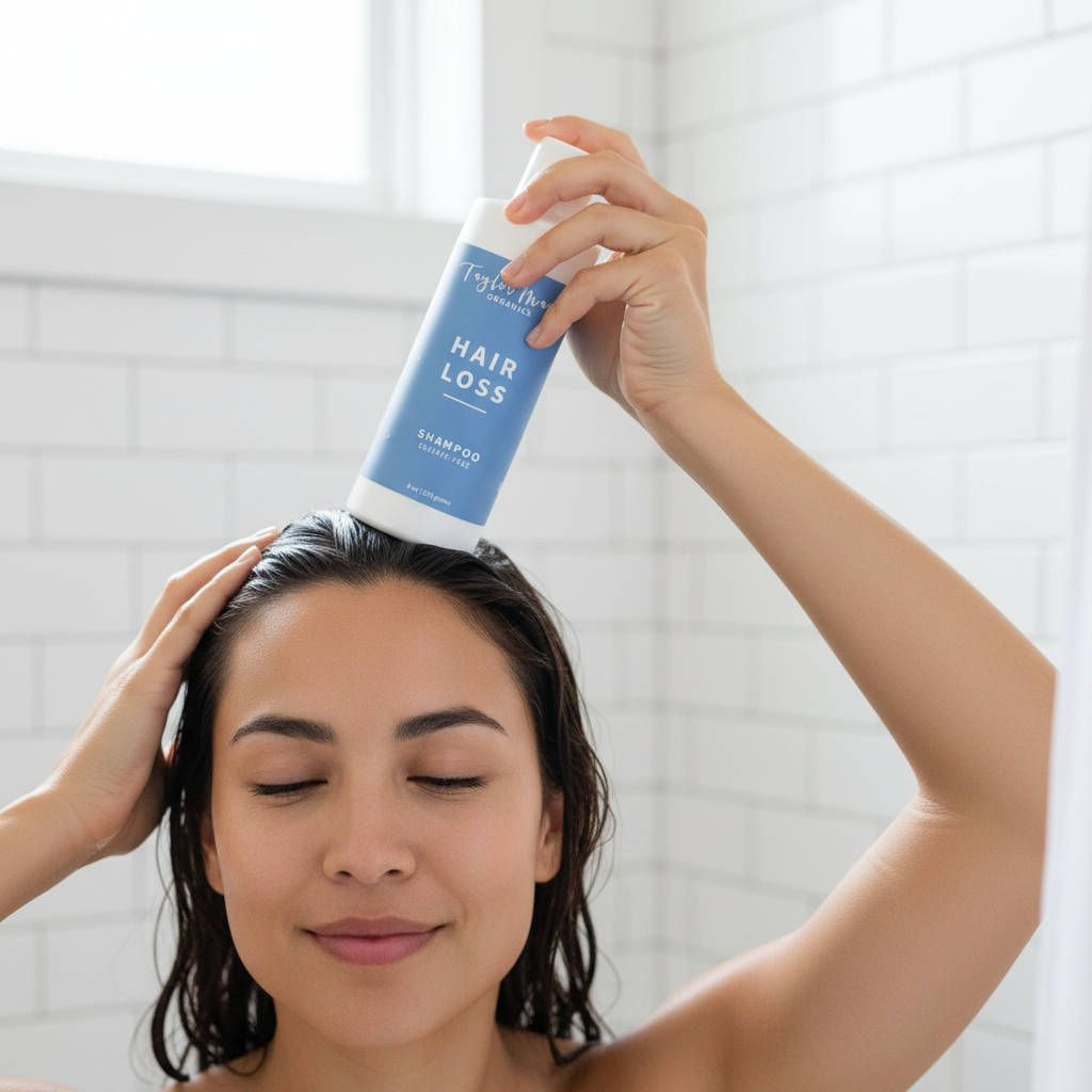 Close-up of Taylor Made Organics sulfate-free hair loss shampoo bottle, showcasing natural ingredients and clean packaging.