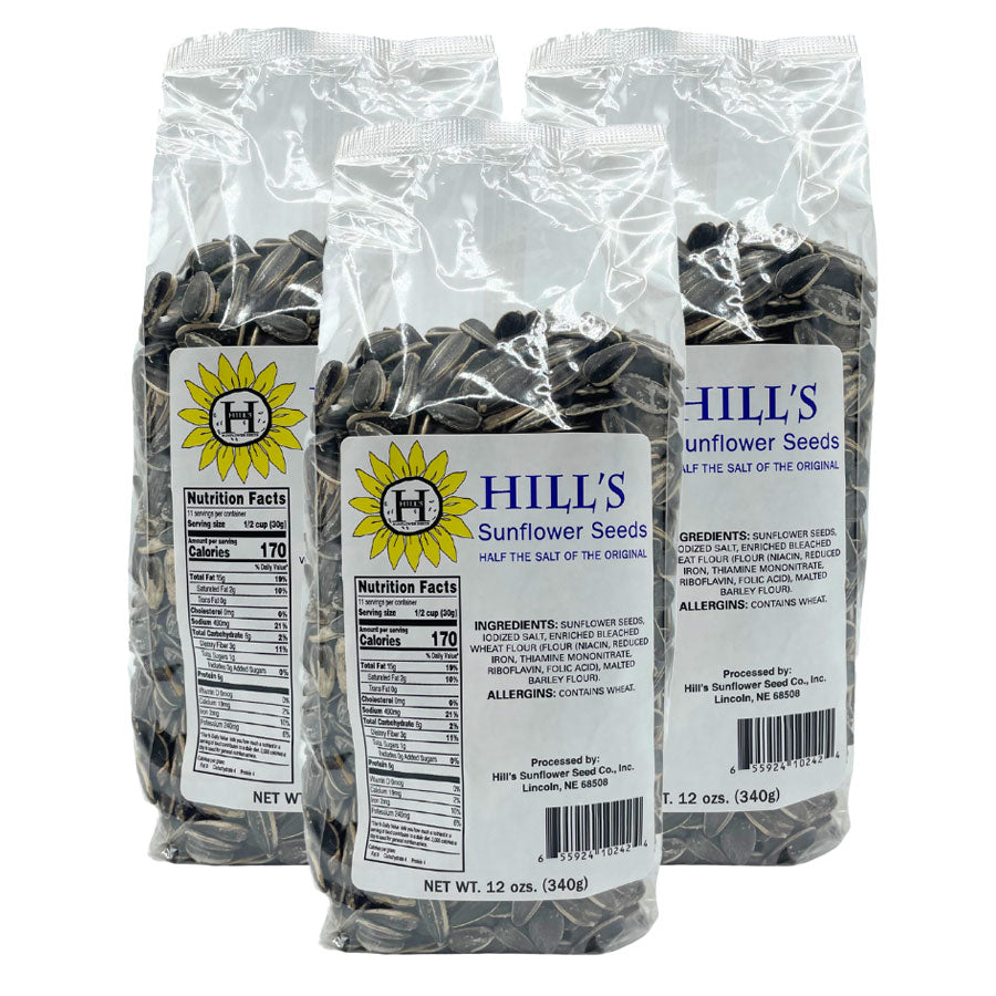Three packs of Hill's Salted Sunflower Seeds in 12 oz bags, fresh and crunchy snack food from BuyNebraska.com.