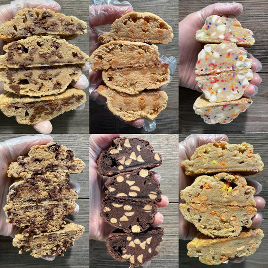 Assorted Halfsies Cookie Company LLC cookies in a 12-pack sampler, featuring a variety of half-sized cookies on a white background.