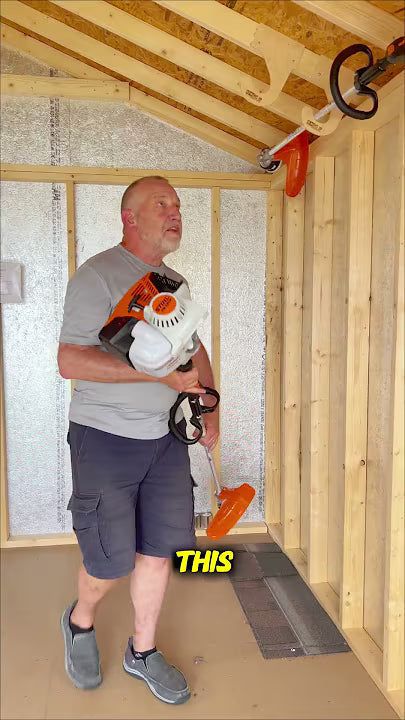 Overhead Weed Wacker Rack by HangThis Up, ceiling mount shed organizer for outdoor garden tools and equipment storage.