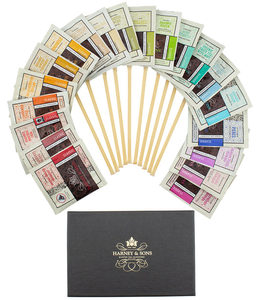 Wrapped sachet and honey sampler from Harney & Sons Fine Teas, featuring individually wrapped tea sachets with honey accents.