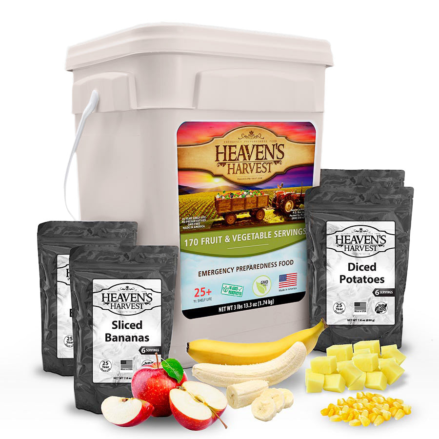 Heaven's Harvest fruit and vegetable survival bucket with 170 servings for one month, emergency food kit for 1 person.