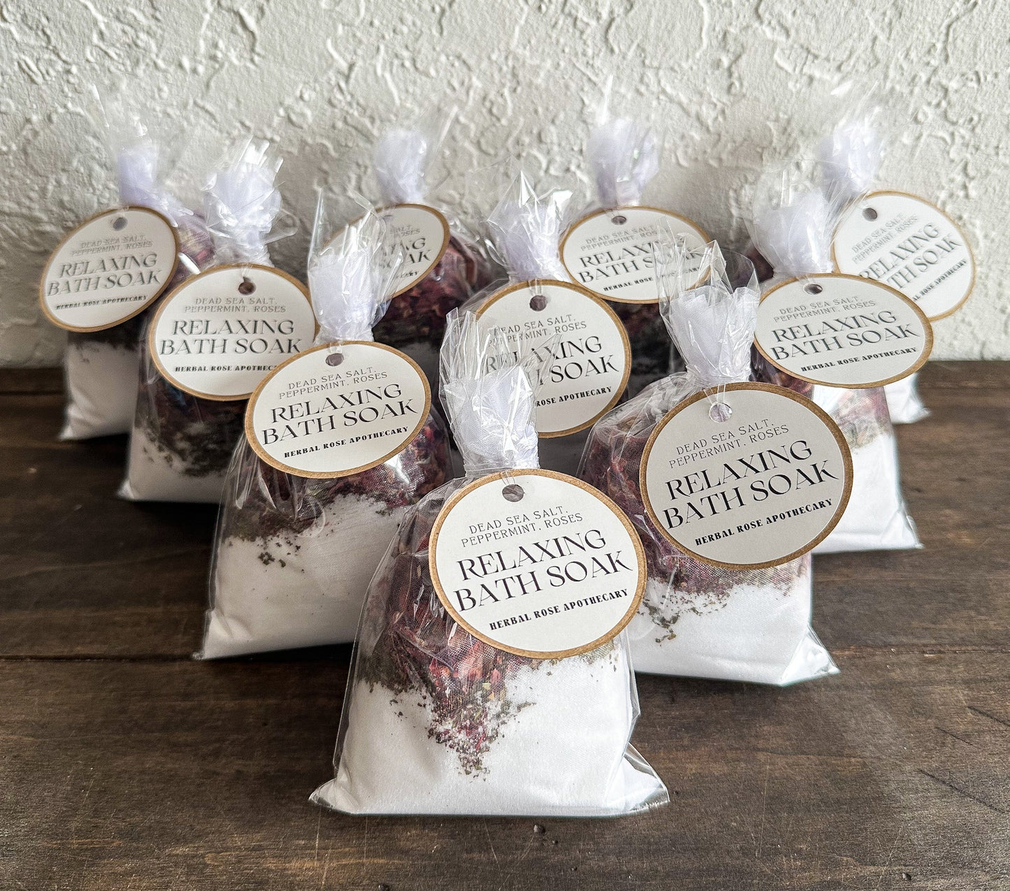 Herbalroseapothecary herbal bath soak with Epsom salt, peppermint, roses, designed for sore muscles and relaxation.