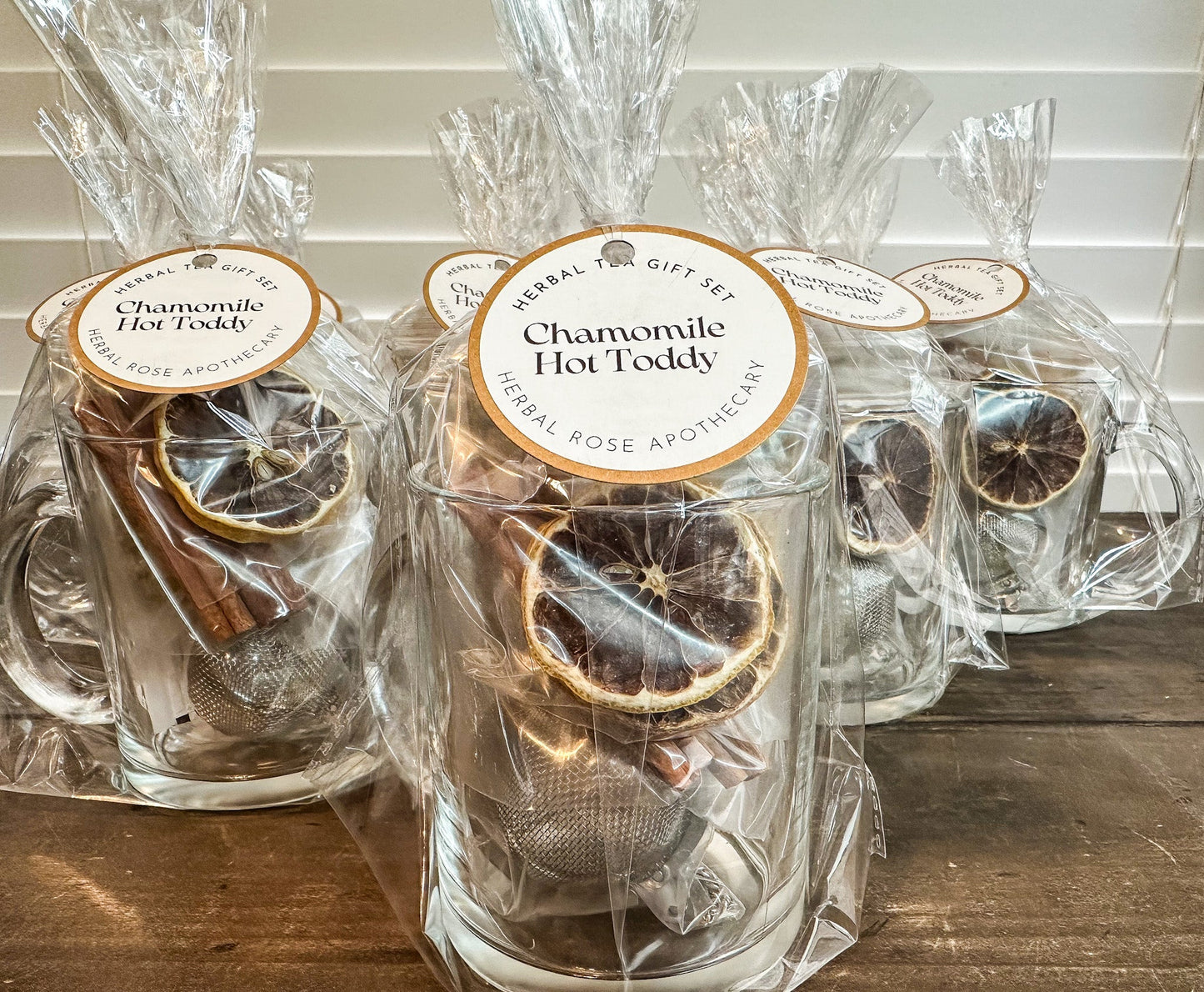 HerbalRoseApothecary Chamomile Hot Toddy gift set with herbal teas, mint, and related accessories in a festive gift box.