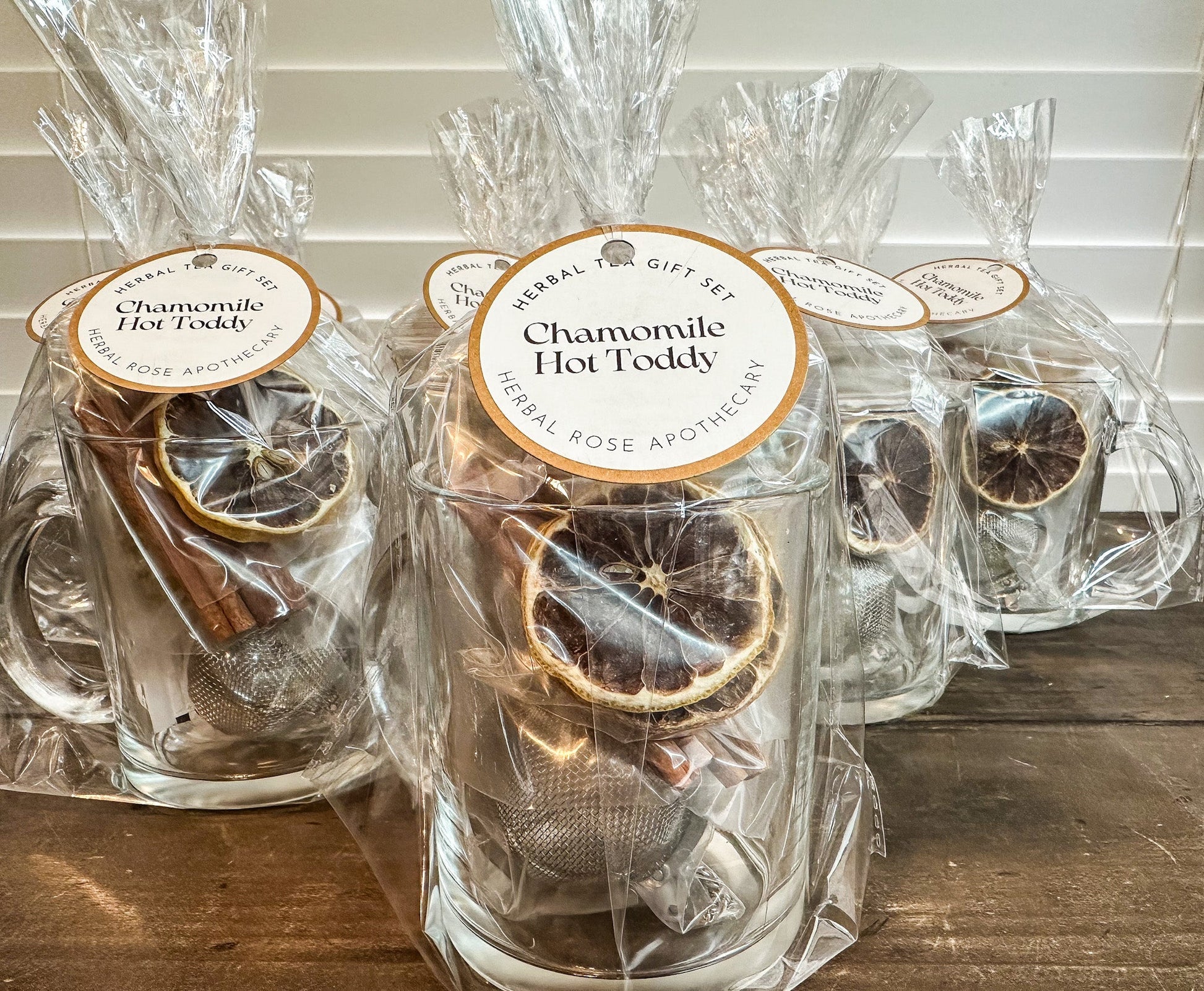 HerbalRoseApothecary Chamomile Hot Toddy gift set with herbal teas, mint, and related accessories in a festive gift box.