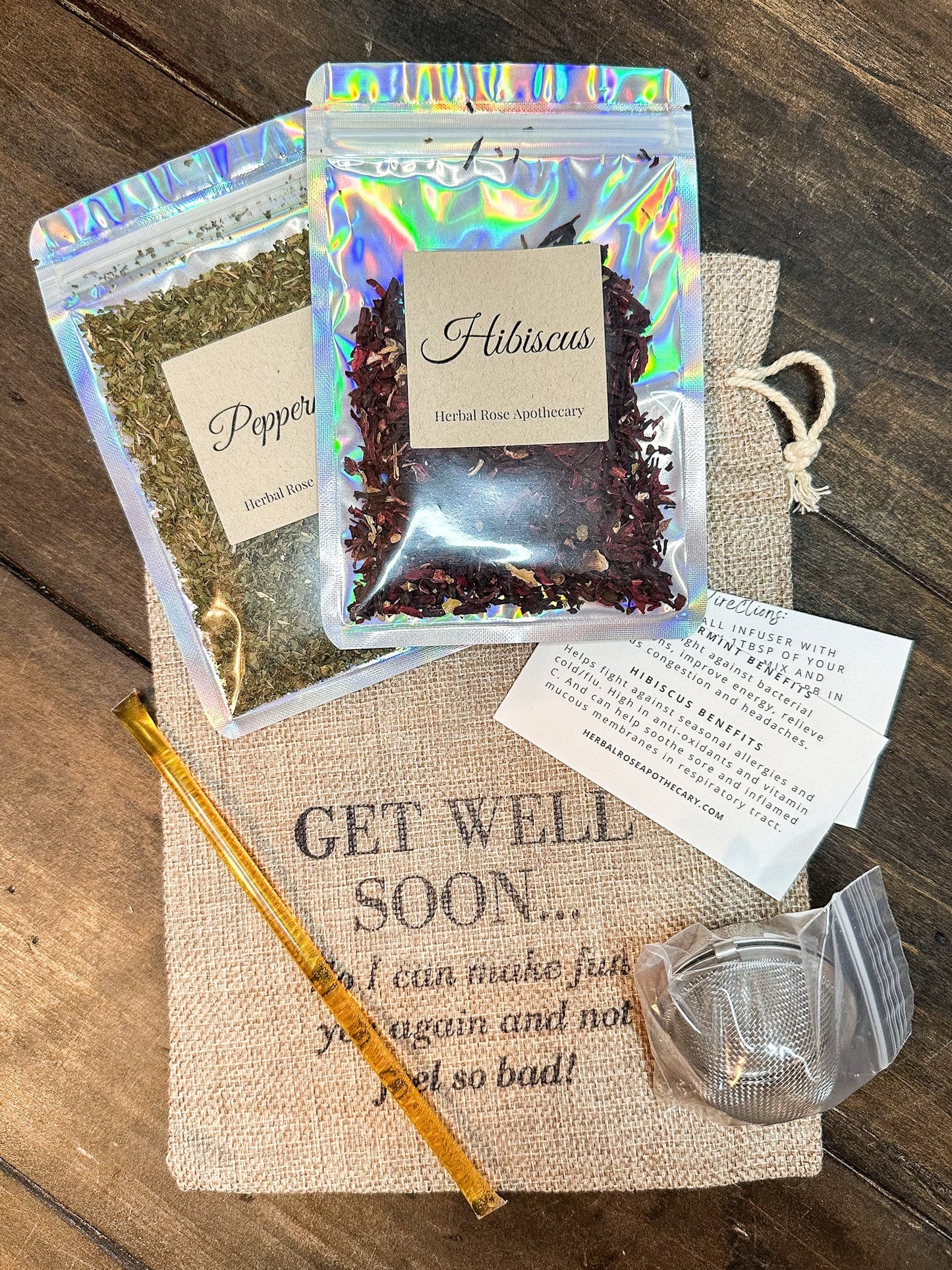 HerbalRoseApothecary herbal tea gift bags with peppermint and lemon balm, featuring front cover design for get-well-soon gifts.