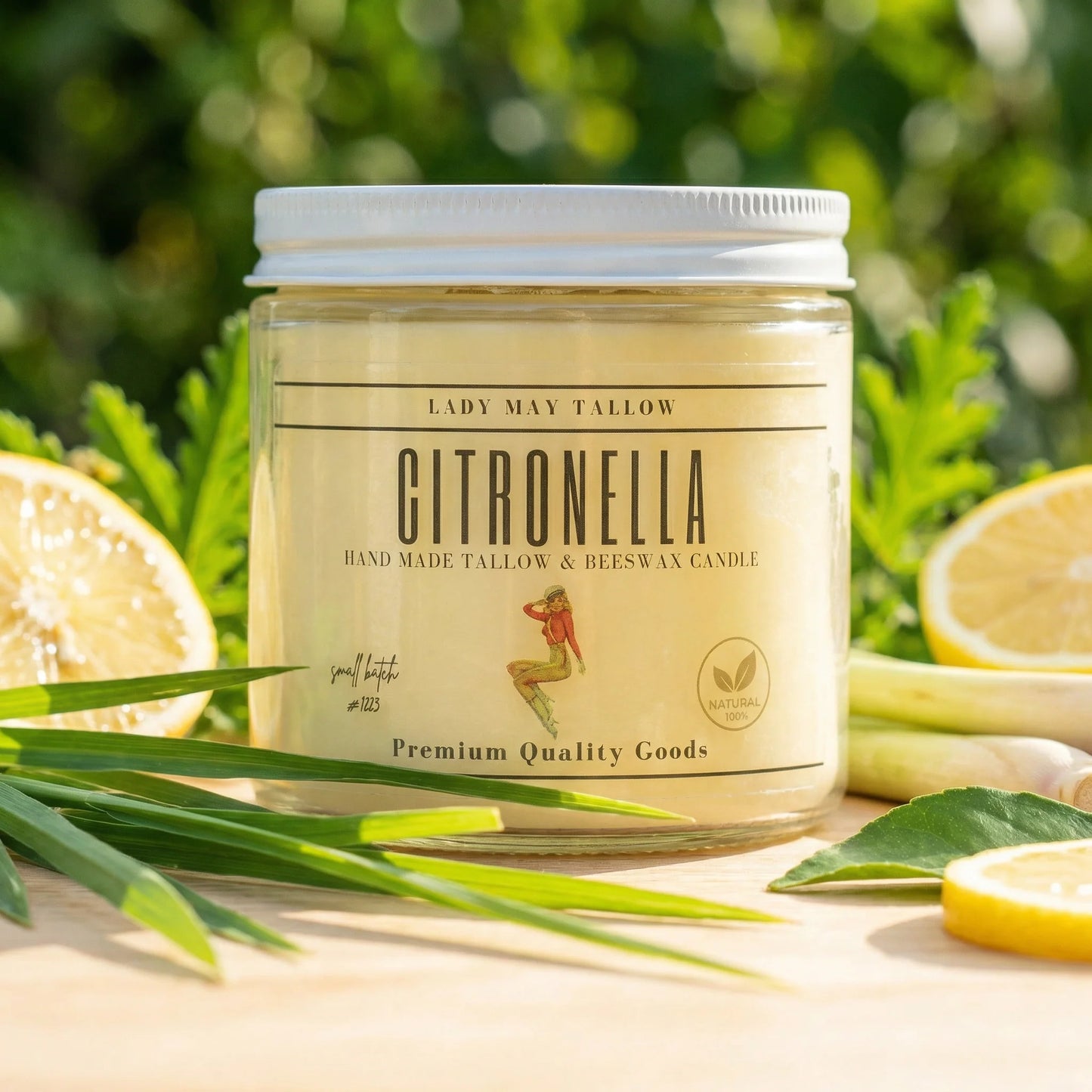 Lady May Tallow "Classic" candle in citronella scent, 16oz with beeswax, non-toxic and clean-burning natural candle.