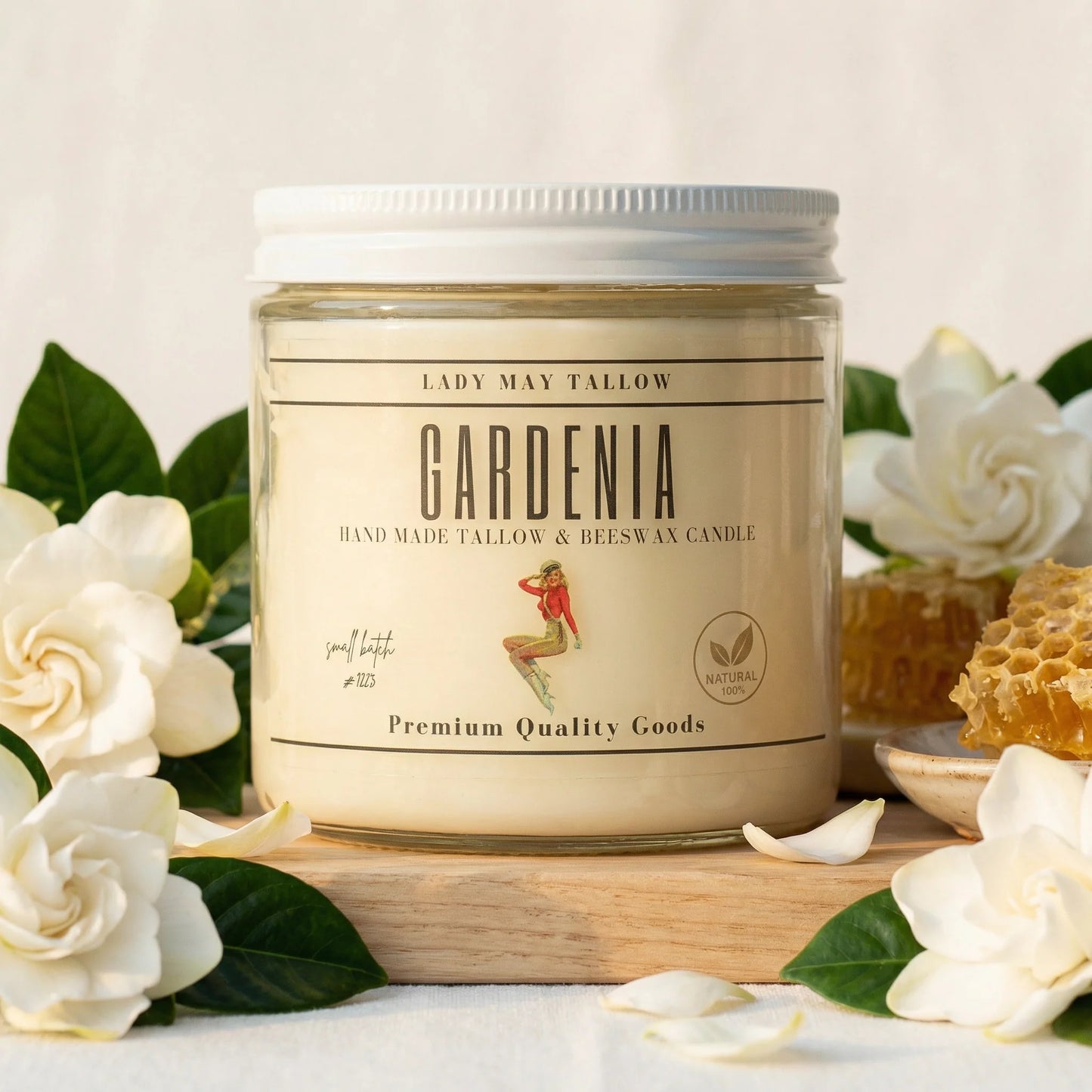 Lady May Tallow Classic candle in gardenia scent, 16oz beeswax and tallow candle with natural, clean-burning, non-toxic design.
