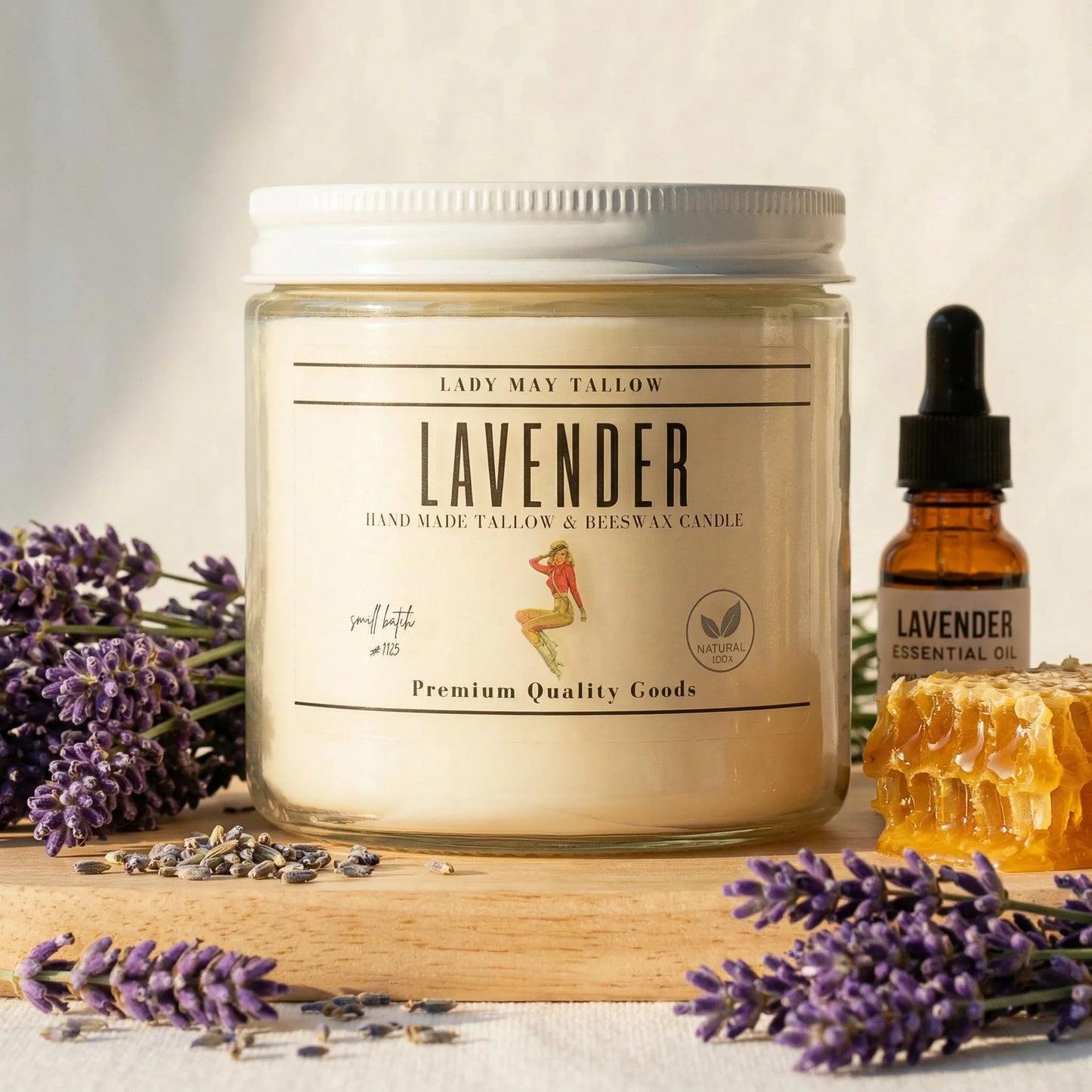 Lady May Tallow Classic candle in lavender scent, 16oz beeswax and tallow candle with natural, clean-burning, non-toxic design.