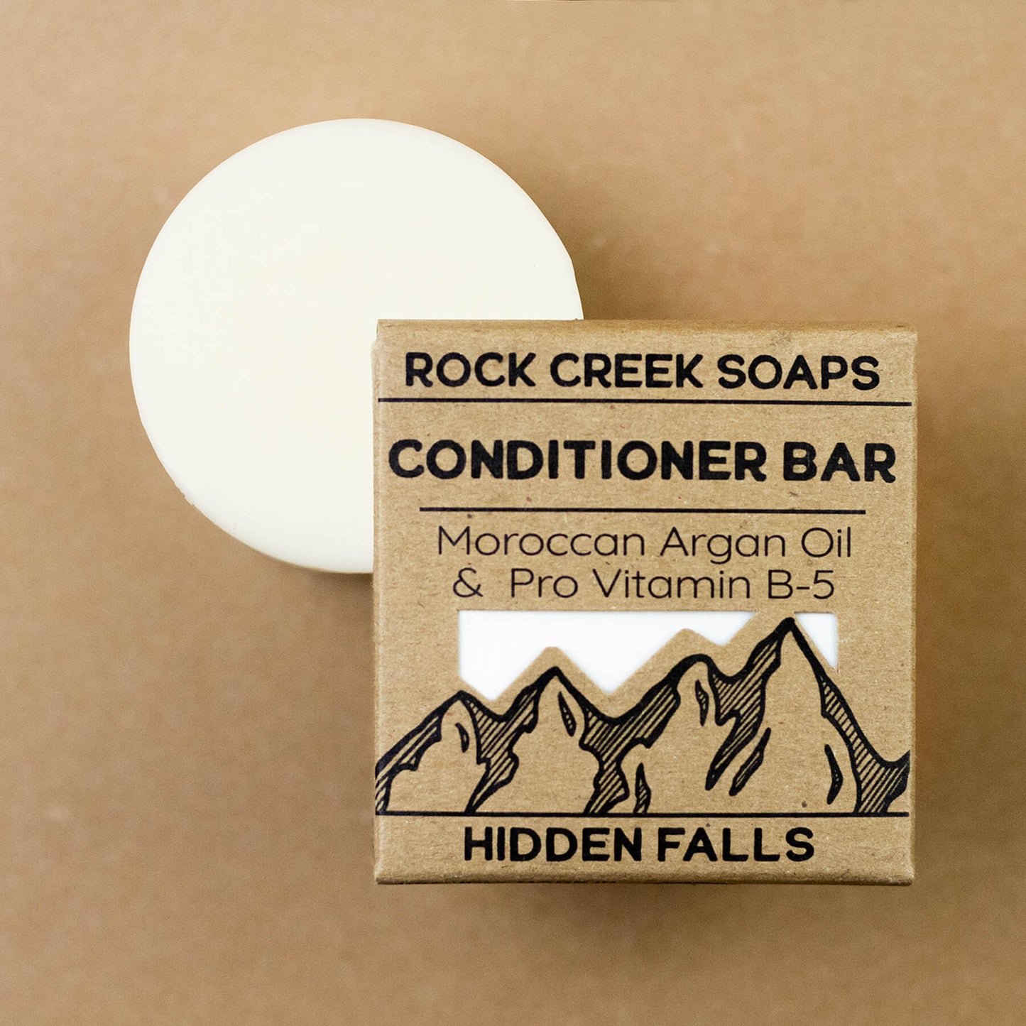 Rock Creek Soaps Hidden Falls Conditioner Bar with argan oil, showcasing a natural, handcrafted conditioner bar for hair care.