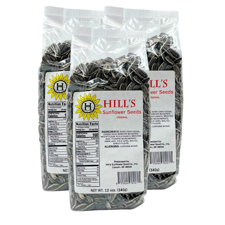 Full pack of Hill's Sunflower Seeds, three 12 oz bags of salted sunflower seeds from BuyNebraska.com, showing the seed packs.