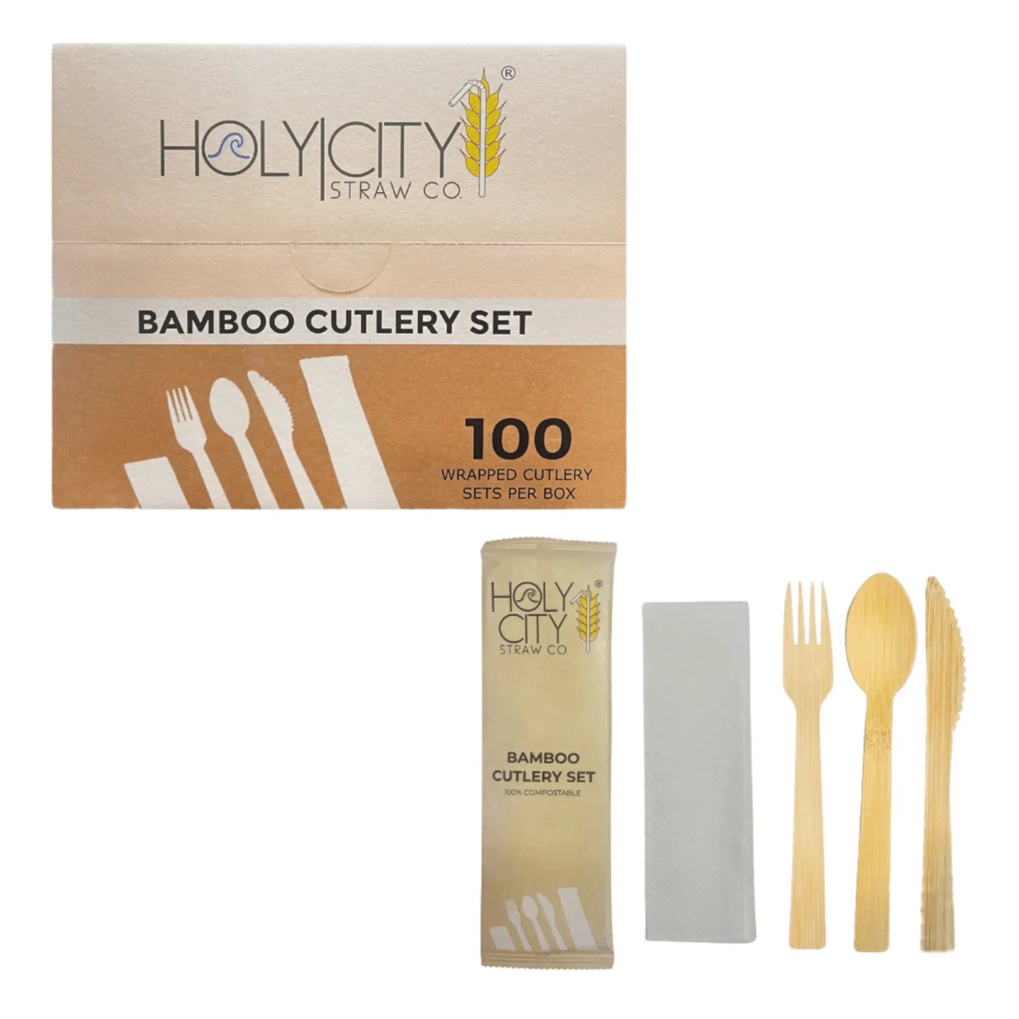 Six 6.7-inch wrapped bamboo disposable cutlery pieces from Holy City Straw Company, including forks, knives, and spoons.