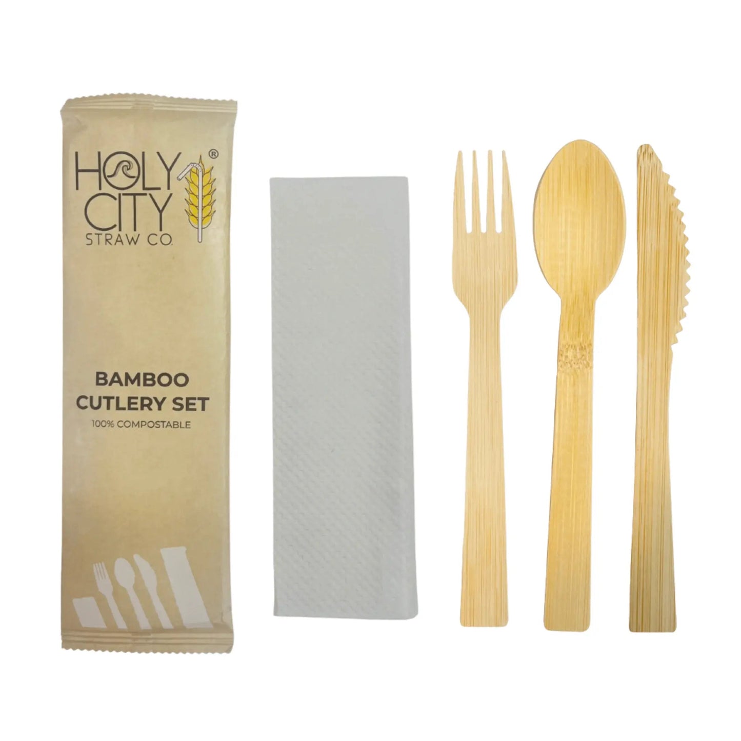 Six-piece 6.7-inch wrapped bamboo disposable cutlery set from Holy City Straw Company, including fork, knife, and spoon.