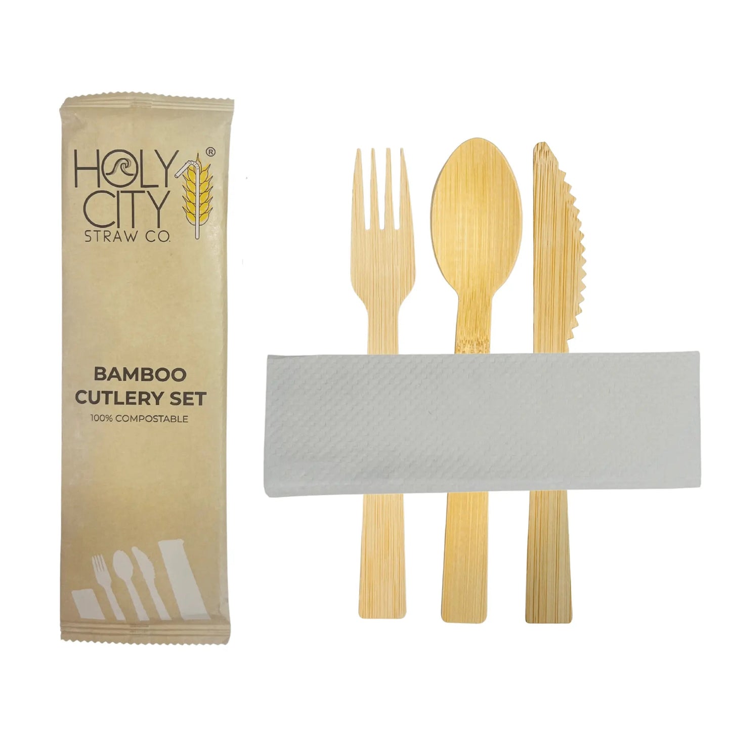 6.7-inch wrapped bamboo disposable cutlery set from Holy City Straw Company, including fork, knife, and spoon in eco-friendly packaging.