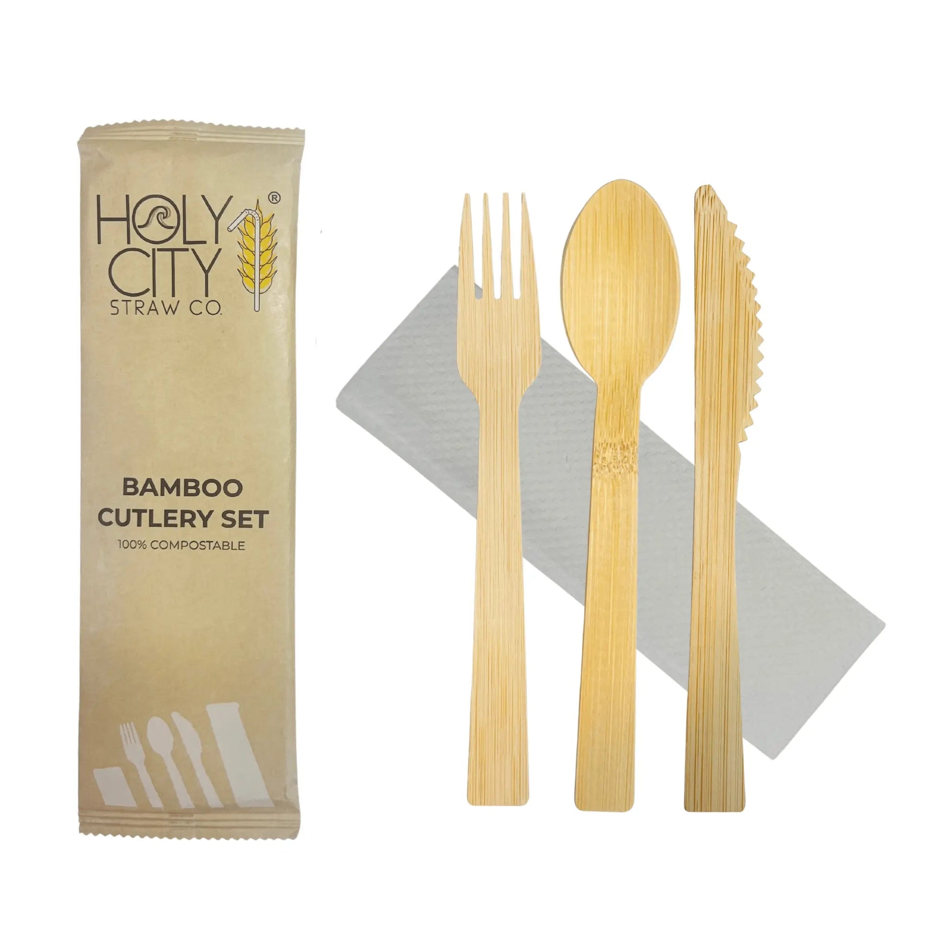 6.7-inch wrapped bamboo disposable cutlery set by Holy City Straw Company, includes fork, knife, and spoon in eco-friendly packaging.