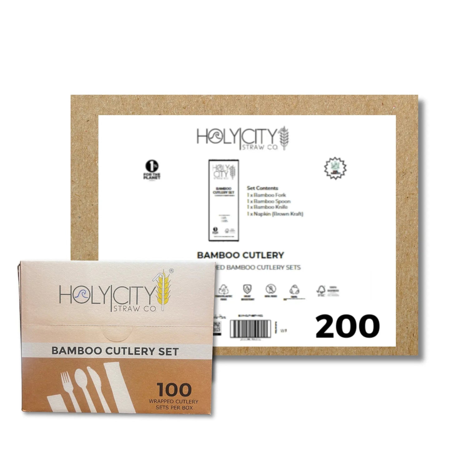 Six 6.7-inch wrapped bamboo disposable cutlery set from Holy City Straw Company with forks, knives, and spoons in individual packaging.