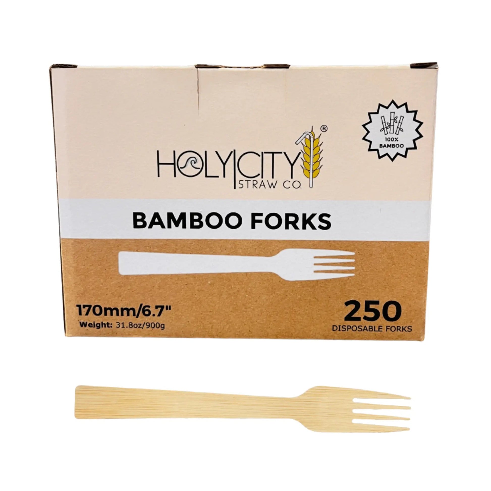 Six 6.7-inch bamboo forks from Holy City Straw Company disposable cutlery set, eco-friendly and natural wood finish.