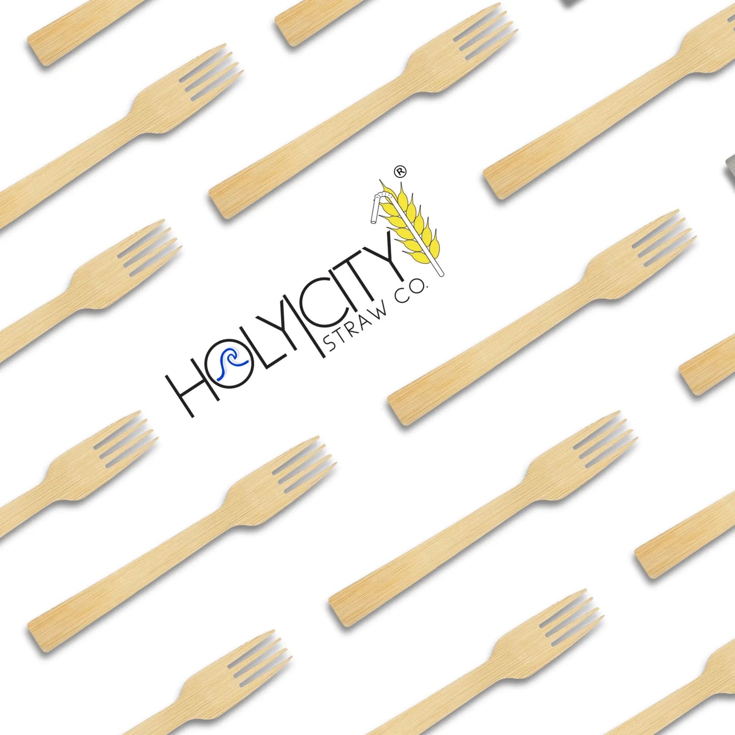 Six 6.7-inch bamboo forks from Holy City Straw Company, disposable cutlery set, eco-friendly and natural bamboo material.