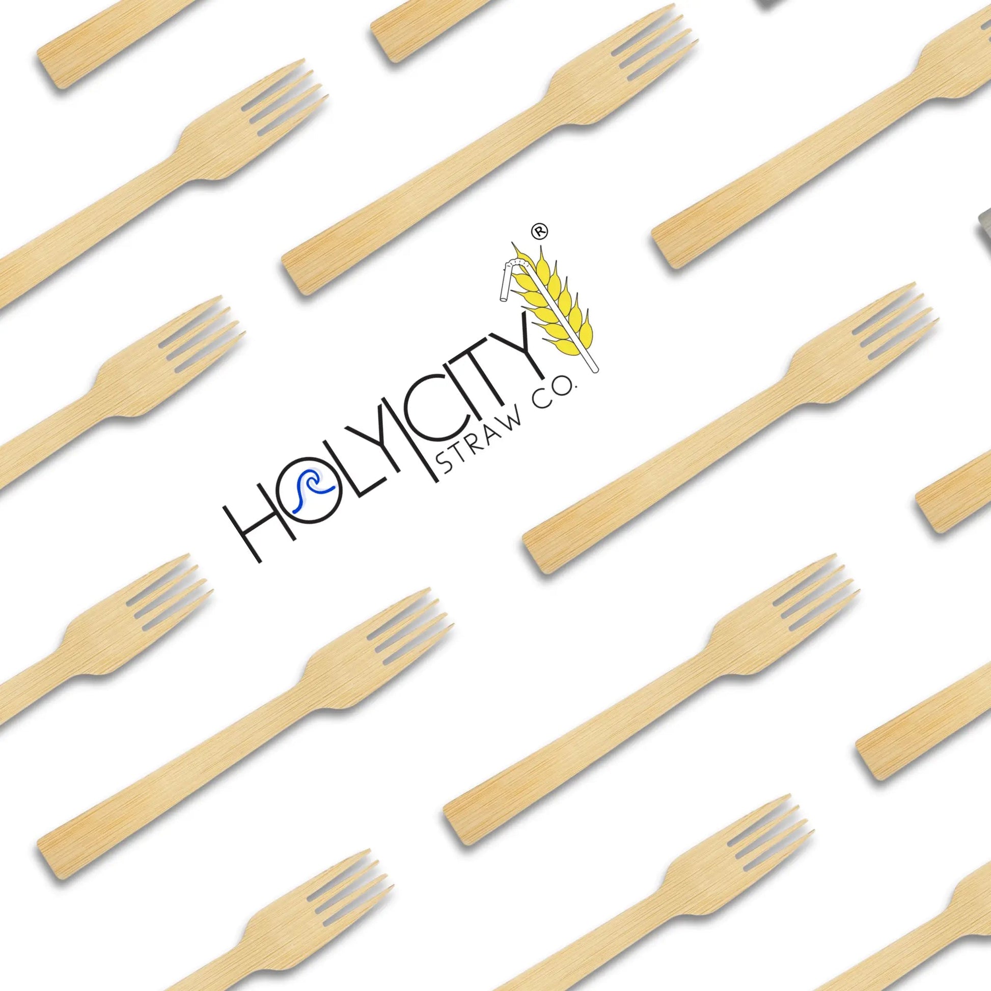 Six 6.7-inch bamboo forks from Holy City Straw Company, disposable cutlery set, eco-friendly and natural bamboo material.
