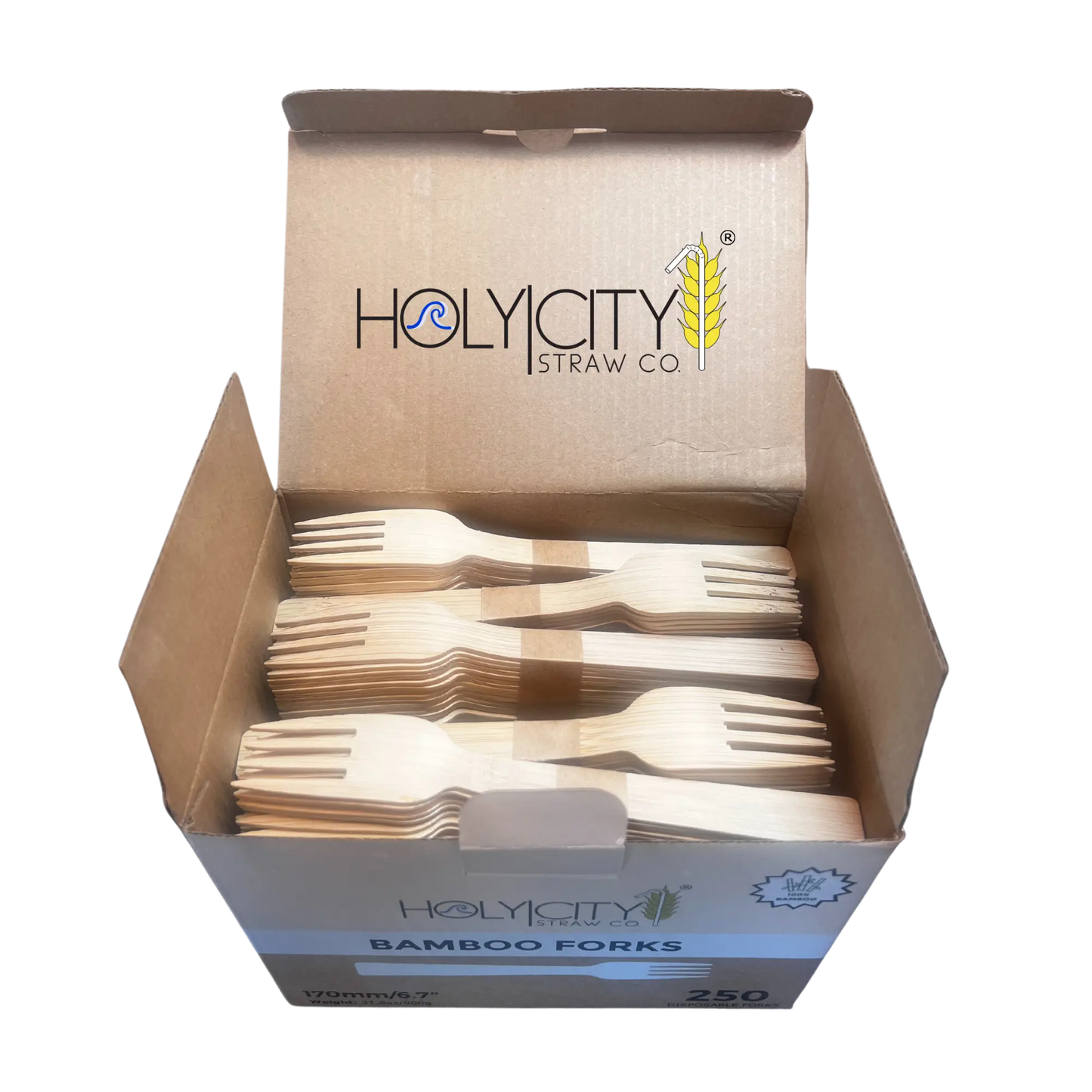 Six 6.7-inch bamboo forks from Holy City Straw Company disposable cutlery set, eco-friendly and natural wooden utensils.