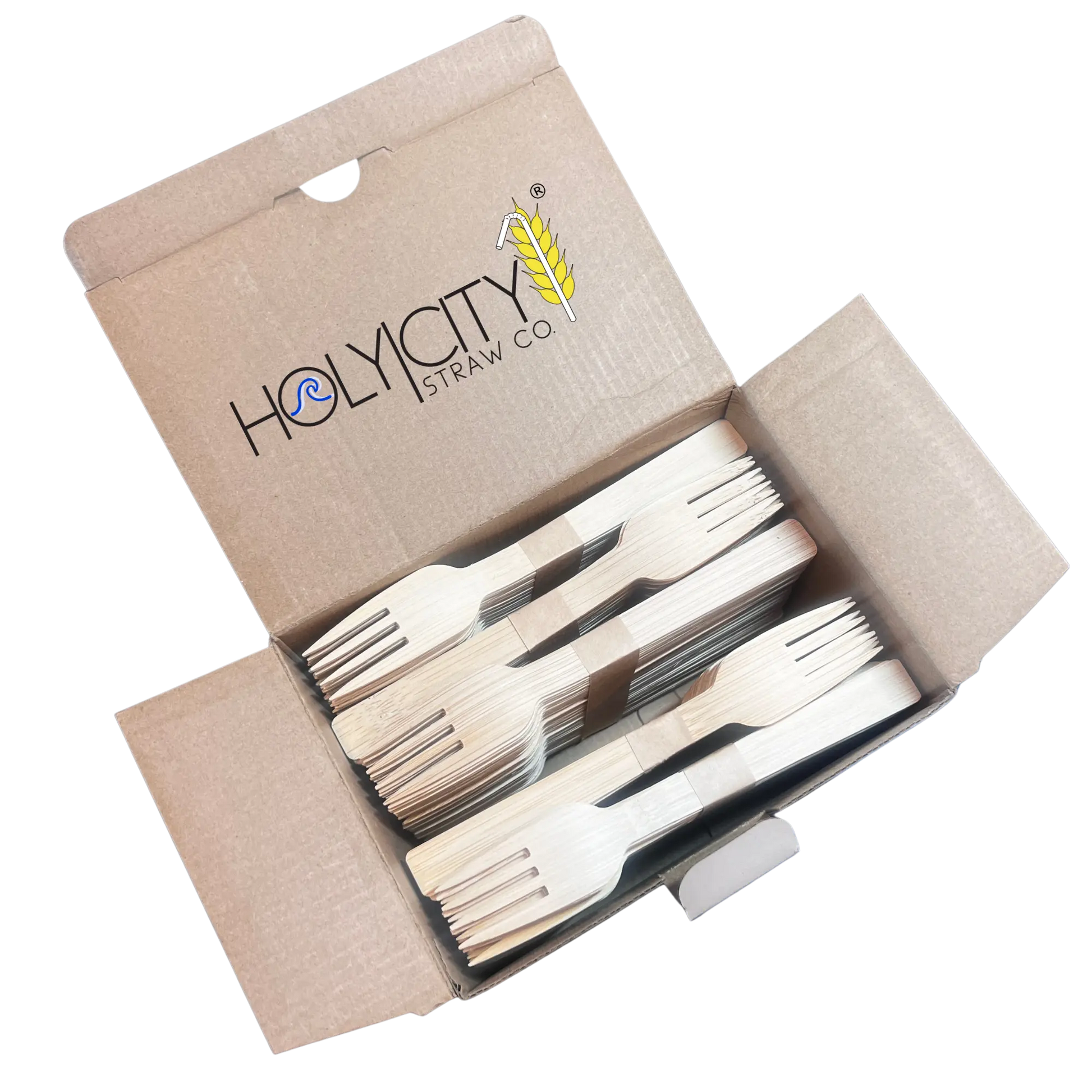 Six 6.7-inch bamboo forks from Holy City Straw Company, disposable cutlery set, natural bamboo design for eco-friendly dining.